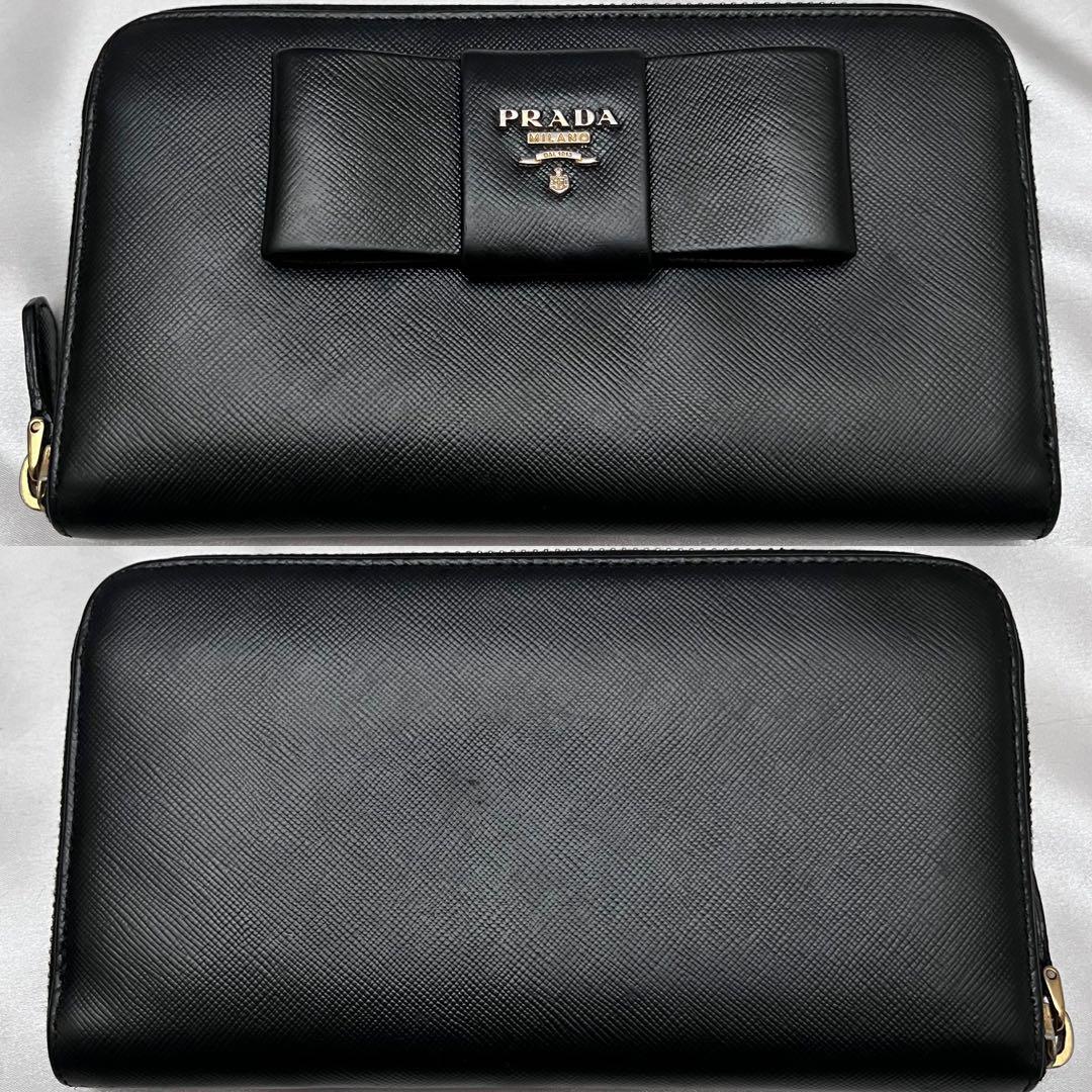 ◇美品◇プラダ　サフィアーノレザー長財布　ロゴ金具　リボンデザイン　ブラック