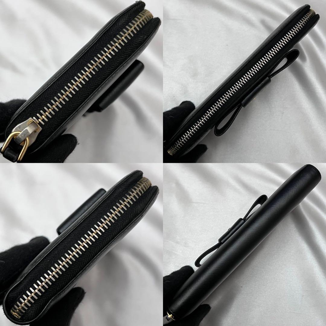 ◇美品◇プラダ　サフィアーノレザー長財布　ロゴ金具　リボンデザイン　ブラック