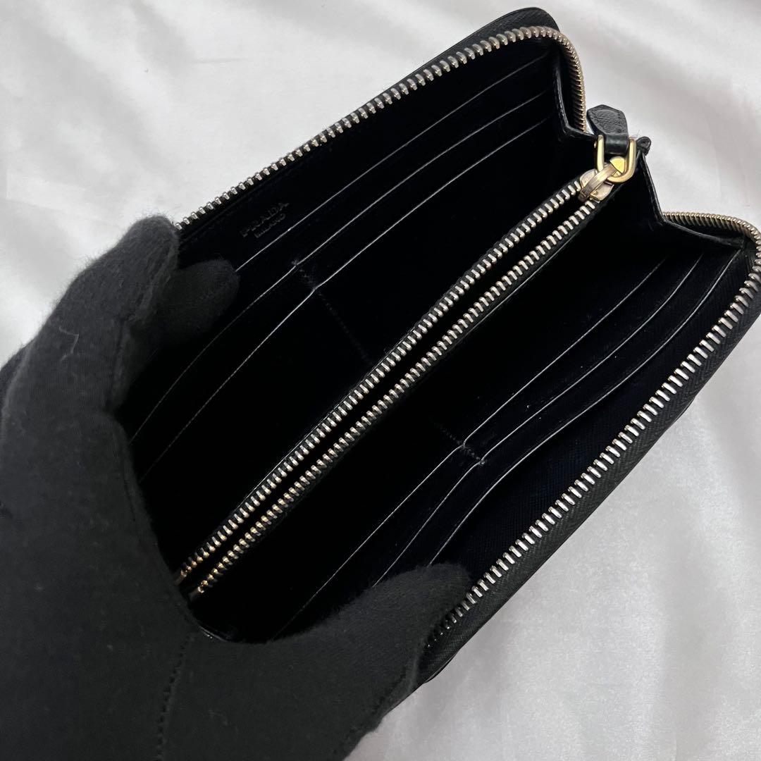 ◇美品◇プラダ　サフィアーノレザー長財布　ロゴ金具　リボンデザイン　ブラック