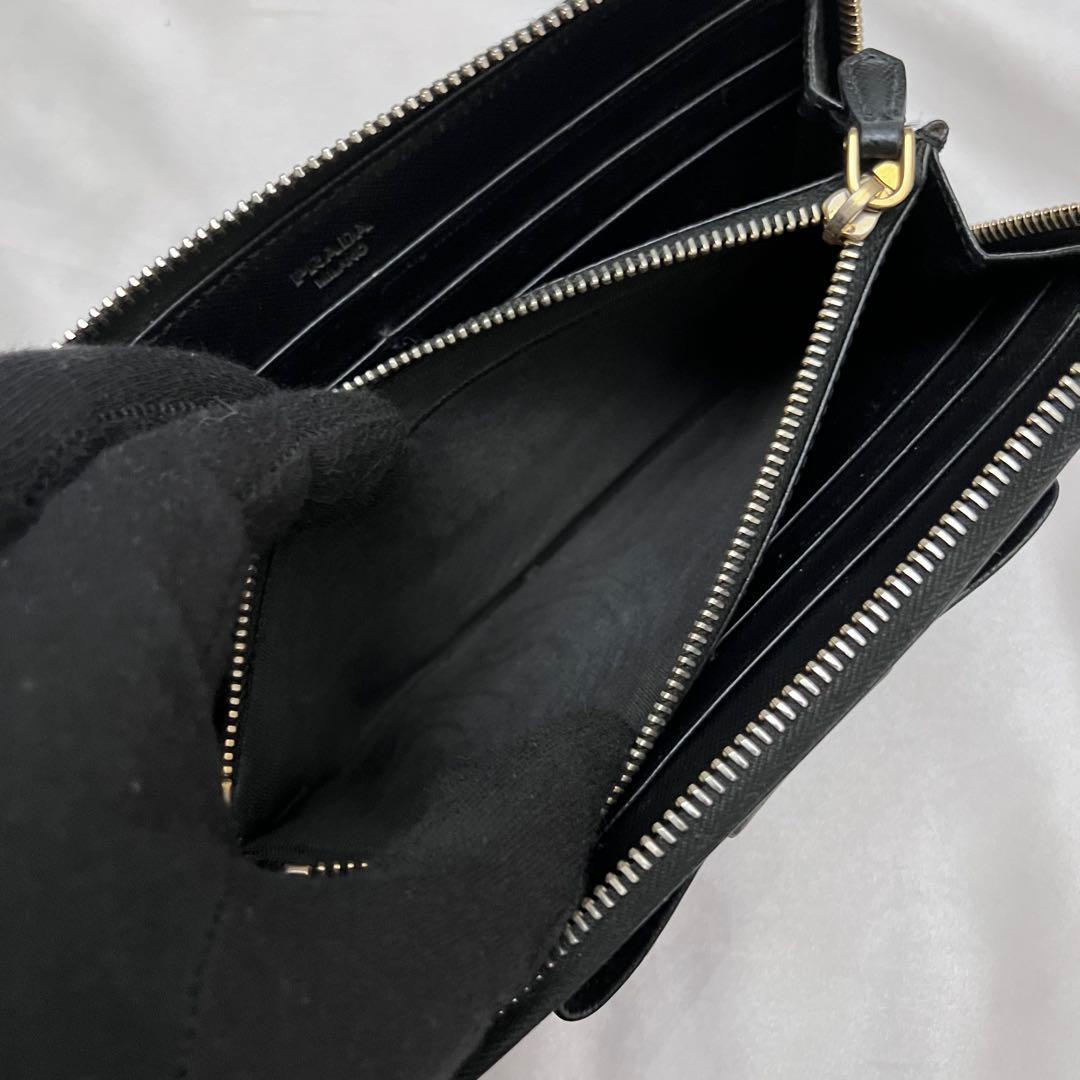 ◇美品◇プラダ　サフィアーノレザー長財布　ロゴ金具　リボンデザイン　ブラック
