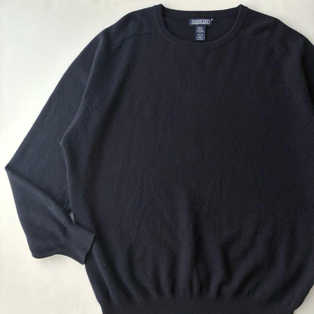 美品 カシミヤ LANDS ENDネイビー ニット クルーネック セーター L