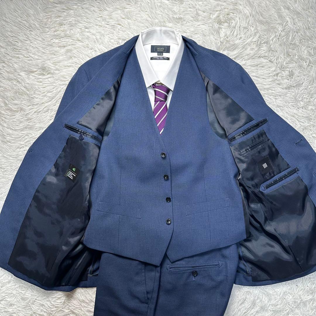 極美品 スーツセレクト 4S スリーピース ネイビー 洗濯可 セットアップAB4