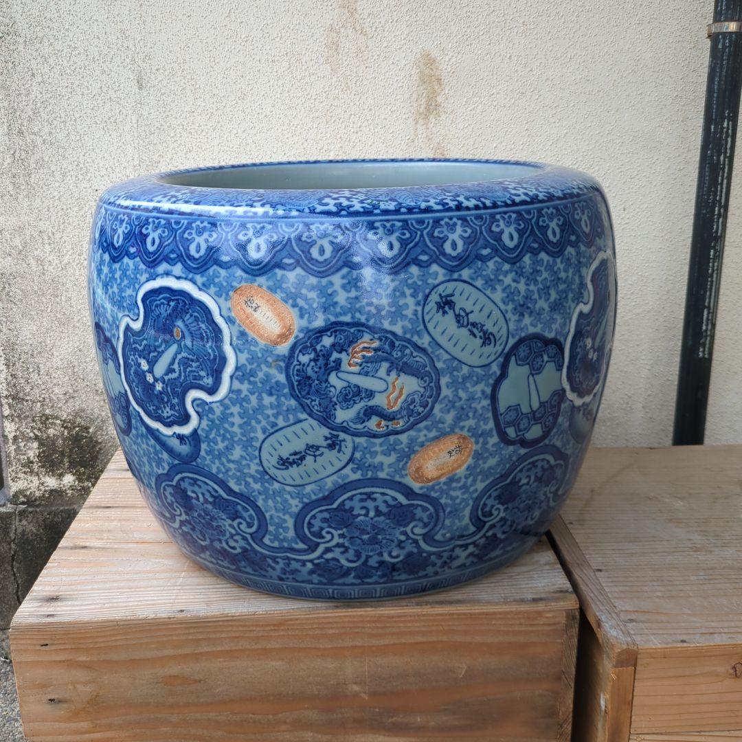 骨董 大型 火鉢 伊万里 染め付け メダカ 金魚 睡蓮鉢 小判 鍔 鉢カバー