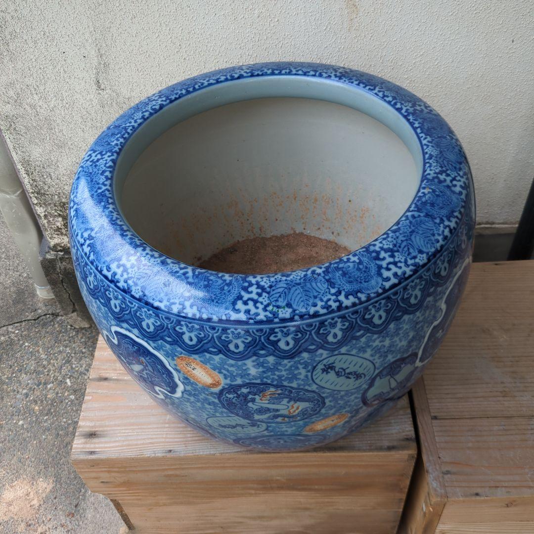 骨董 大型 火鉢 伊万里 染め付け メダカ 金魚 睡蓮鉢 小判 鍔 鉢カバー