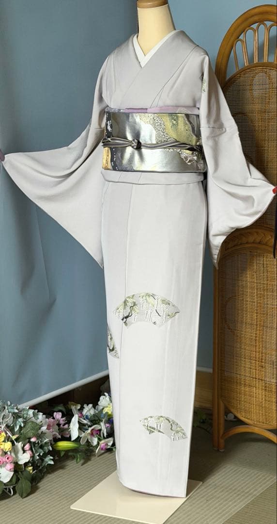 訪問着フルセット　総刺繍　扇面に藤の花