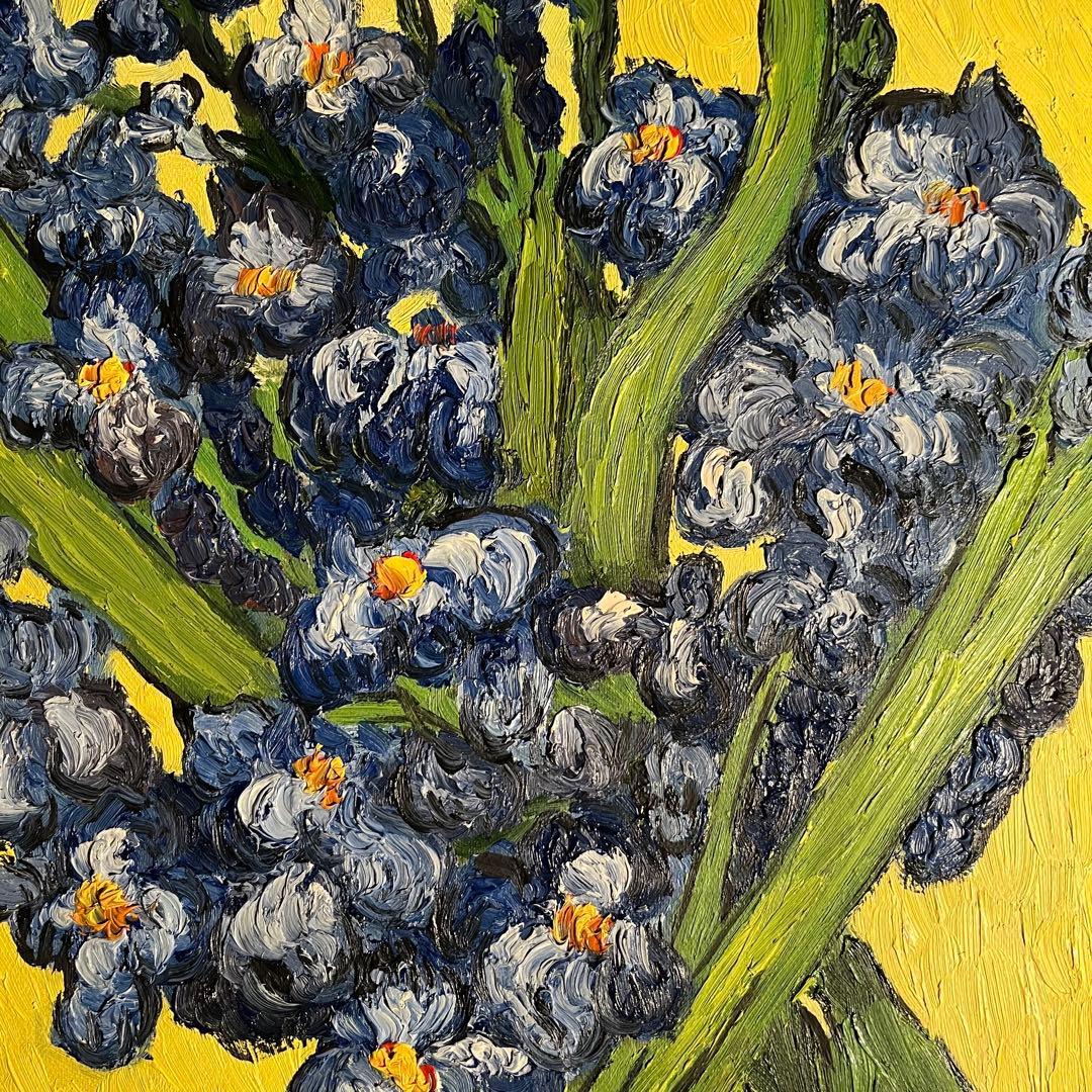 ★秀作★ 手書き油絵 ゴッホ アイリスのある花瓶 額付 絵画 インテリア 油彩画