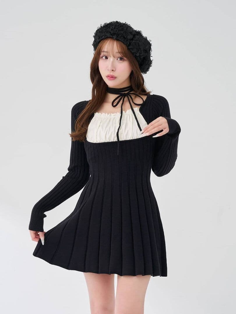 ダーリッチ ネックリボンデザインフレアニットミニワンピース 新品タグ付き