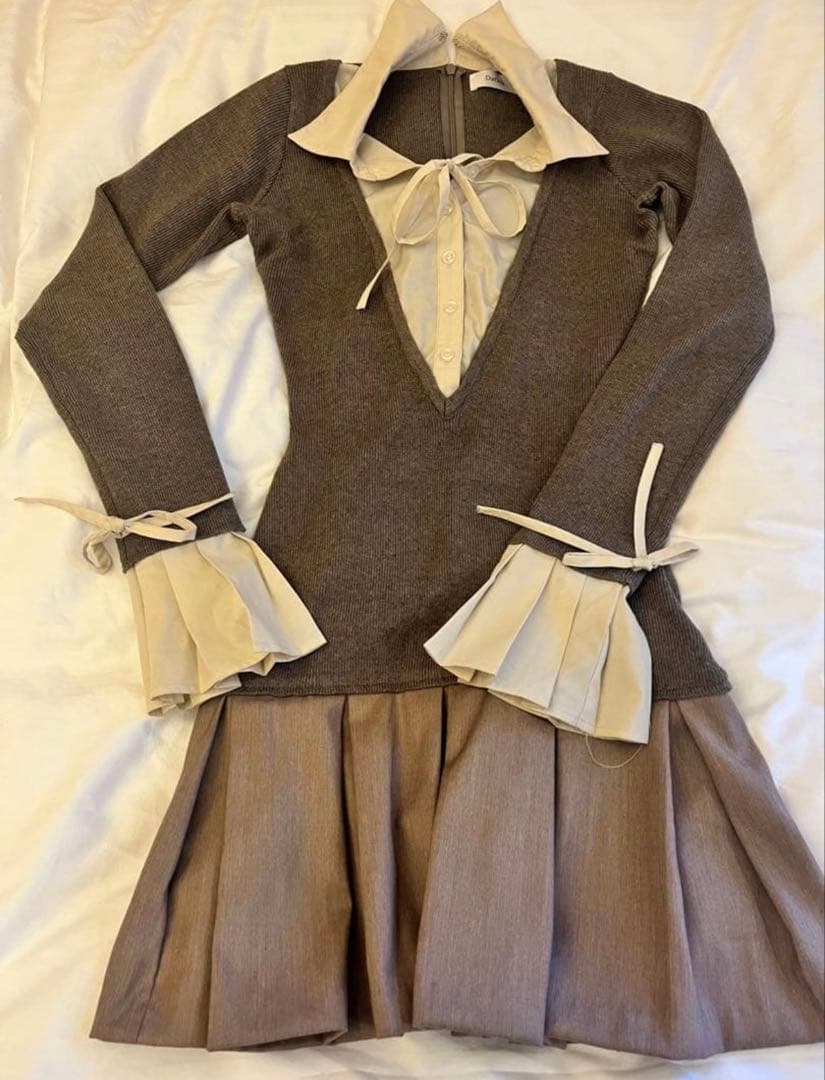 ダーリッチ　Darich シャツドッキングプリーツミニワンピース　モカ