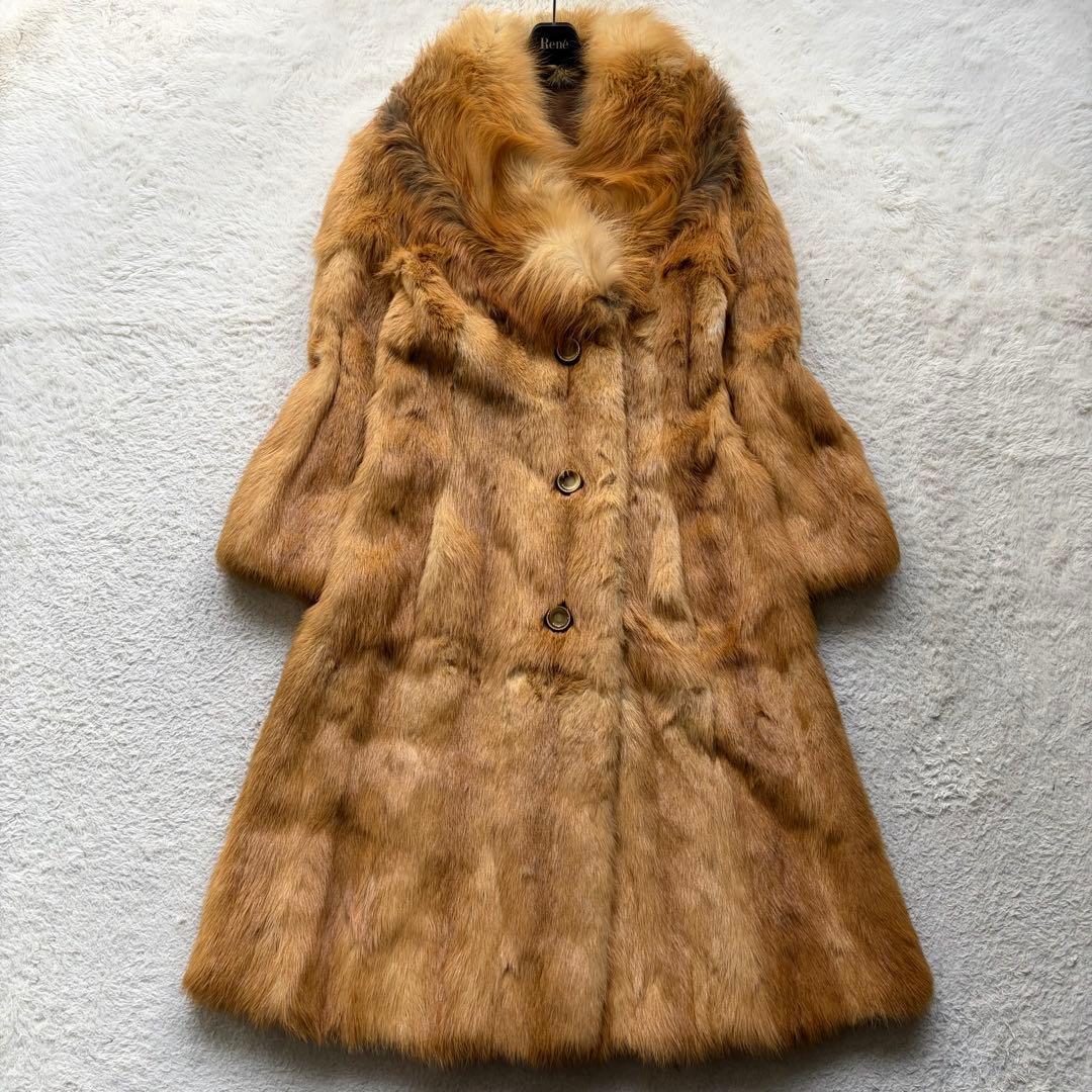 MOON BAT FUR リアルファーコート ロング丈 女優襟 Aライン 茶色系