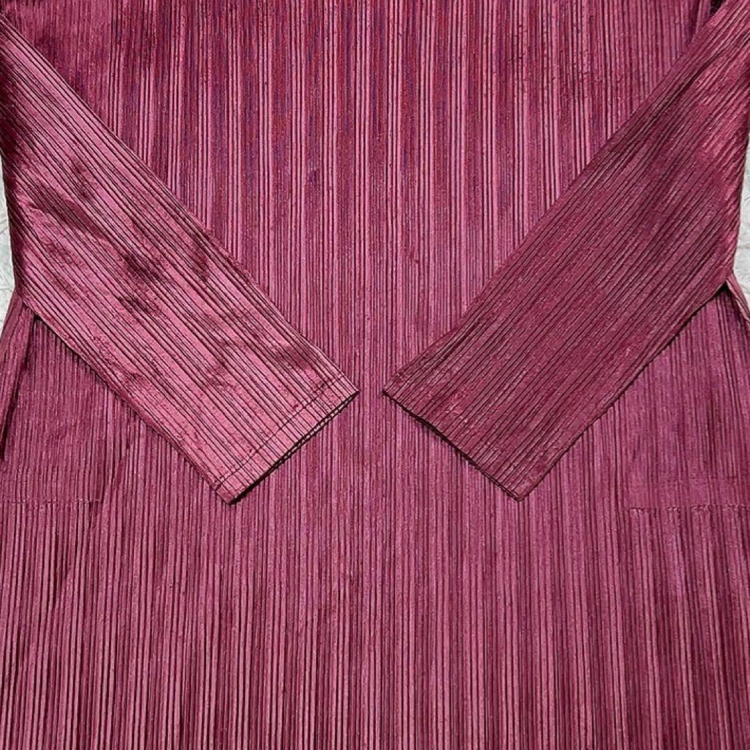 プリーツプリーズ イッセイミヤケ 長袖 チュニック 3 バーガンディ 光沢感