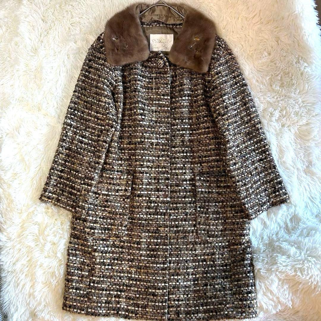 ￼ 【美品】グレースクラス ビジュー付ミンクファー　ツイードノーカラーコート