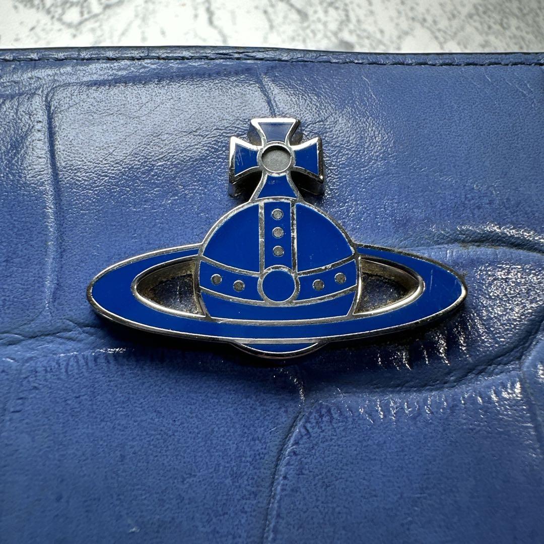 クロコ型押しレザー長財布　ラウンドファスナー　オーブ　ブルー　タッセル付き