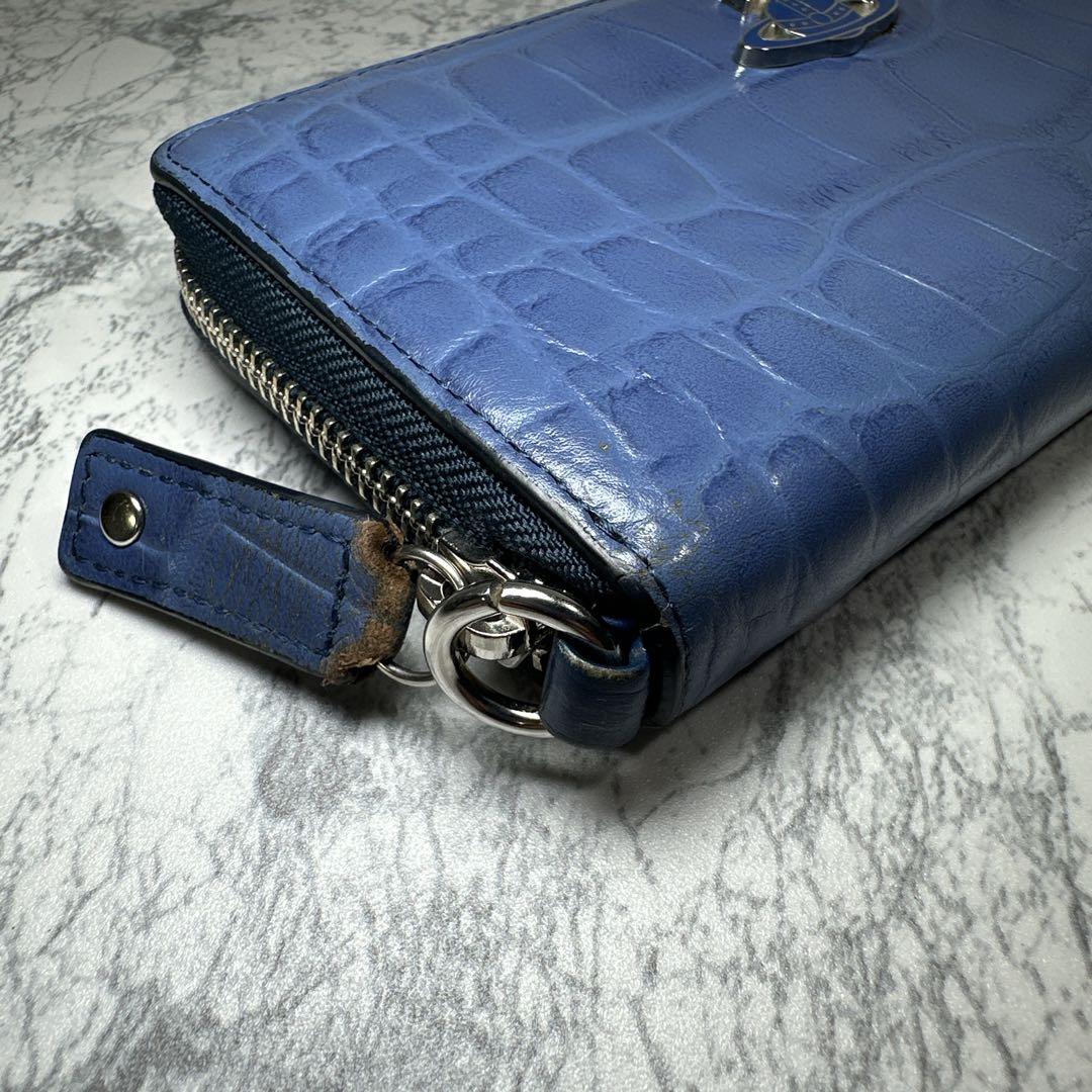 クロコ型押しレザー長財布　ラウンドファスナー　オーブ　ブルー　タッセル付き