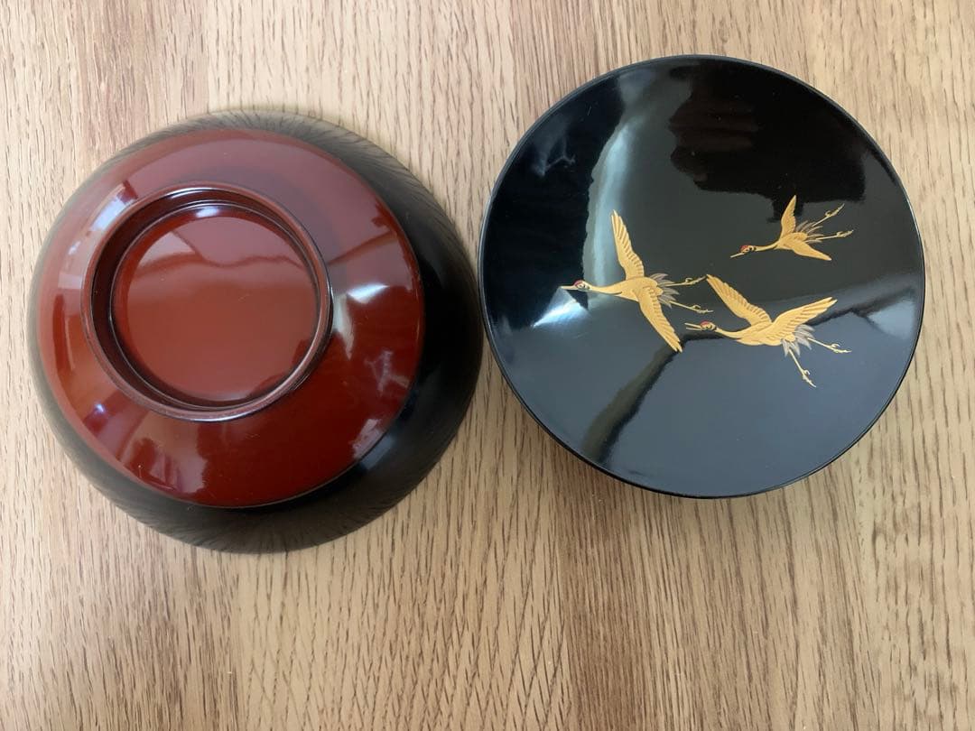 輪島塗　木製漆塗吸物椀8客　見返し蒔絵　汁椀　時代物　松　鶴　お正月　未使用品