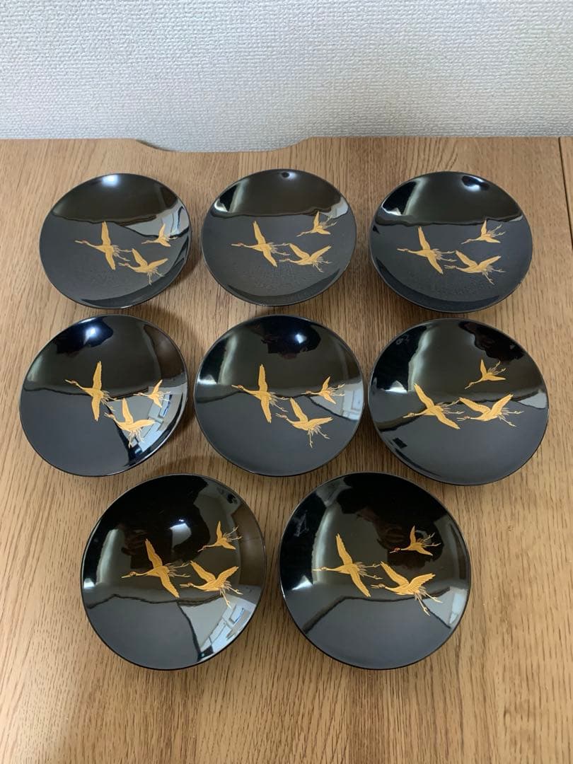 輪島塗　木製漆塗吸物椀8客　見返し蒔絵　汁椀　時代物　松　鶴　お正月　未使用品