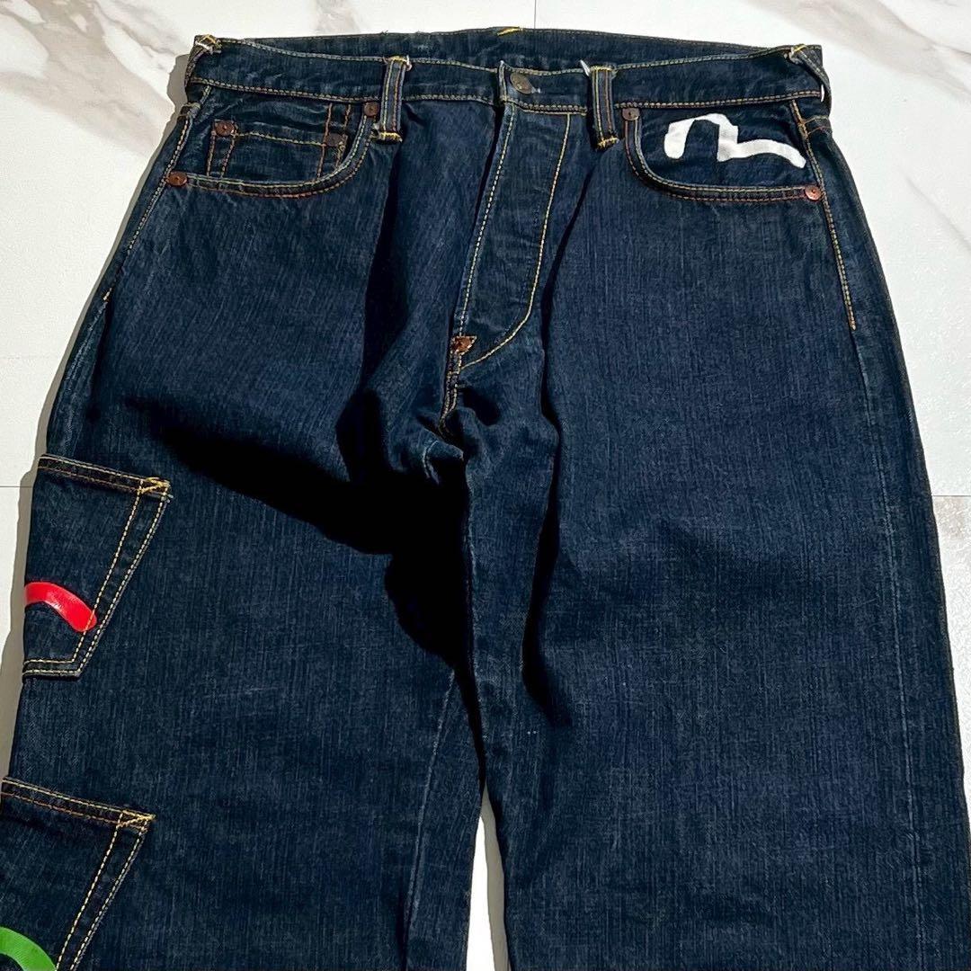 美品✨EVISU 大黒 メニーポケット 赤耳 カモメプリントデニムパンツ 濃紺