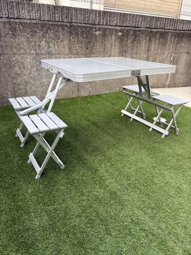 廃盤希少品Coleman折り畳み アルミピクニックテーブル コールマン イス付き