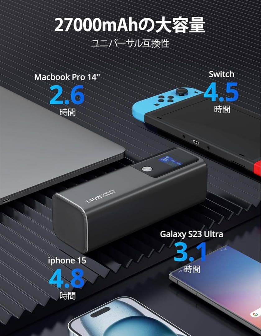 モバイルバッテリー USB-C ブラック 充電器 140W 27000mAh