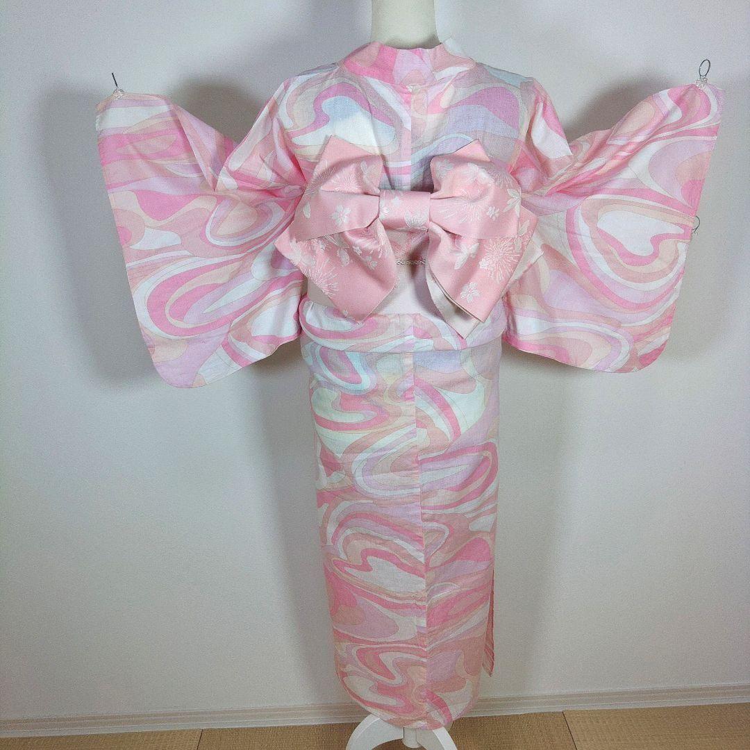 レディース　浴衣セット　身丈158cm　ピンク　作り帯　白　兵児帯　リボン　巾着