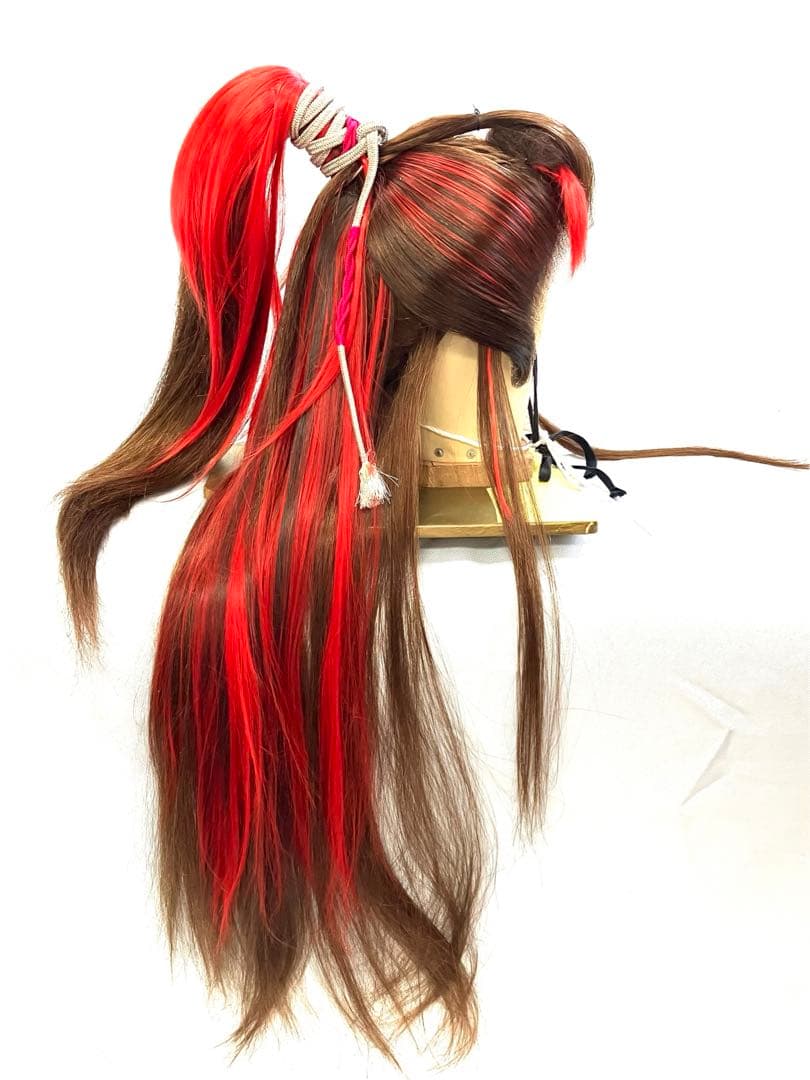 創作、中大サイズ(茶髪＋赤耐熱ファイバープラス)中古舞踊かつら、大衆演劇かつら