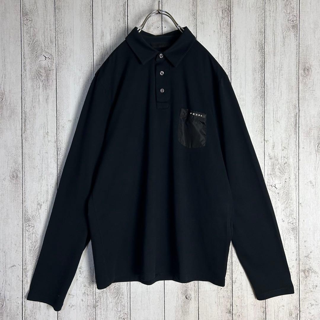 5996【人気ブラック】プラダ‪☆ラバーロゴ入り長袖ポロシャツ ナイロン切替