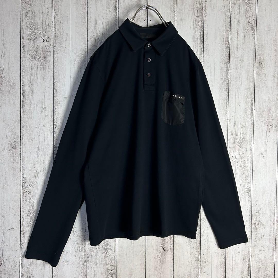 5996【人気ブラック】プラダ‪☆ラバーロゴ入り長袖ポロシャツ ナイロン切替