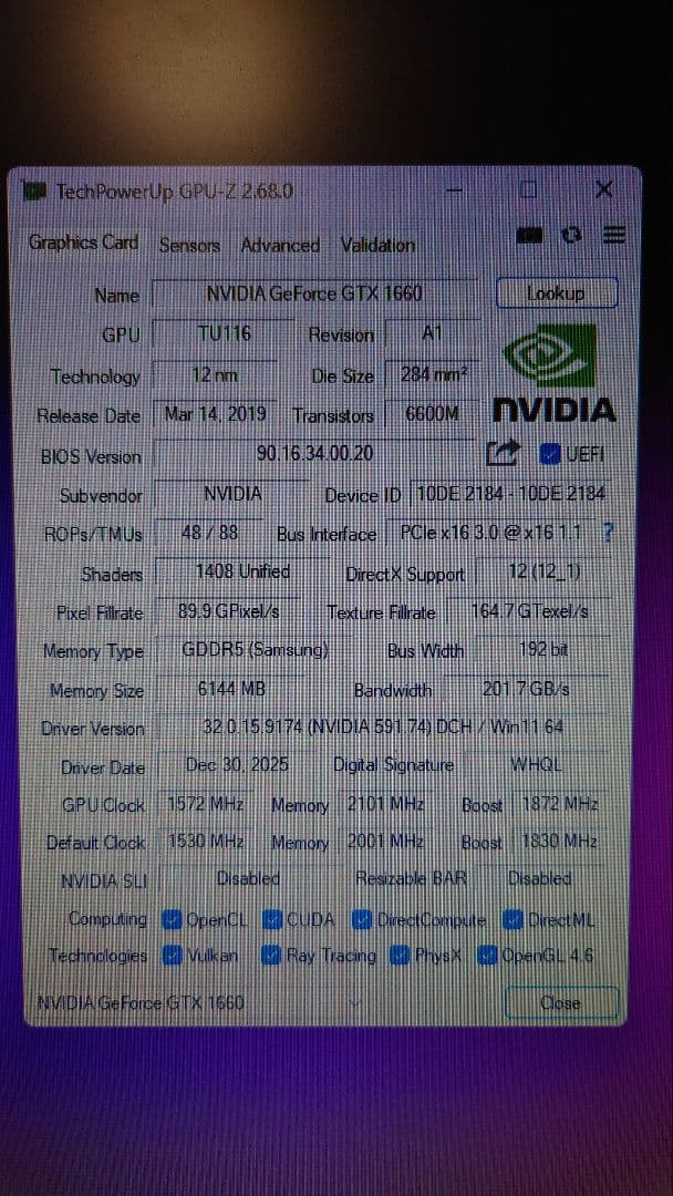 Palit GeForce GTX 1660 6GB VRAM サムソン製
