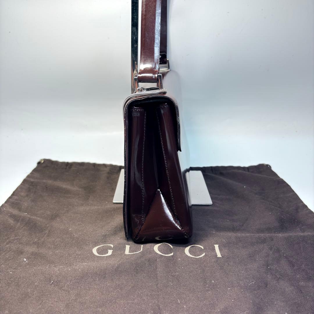 美品　GUCCI グッチ ショルダーバッグ エナメル ダークブラウン シルバー