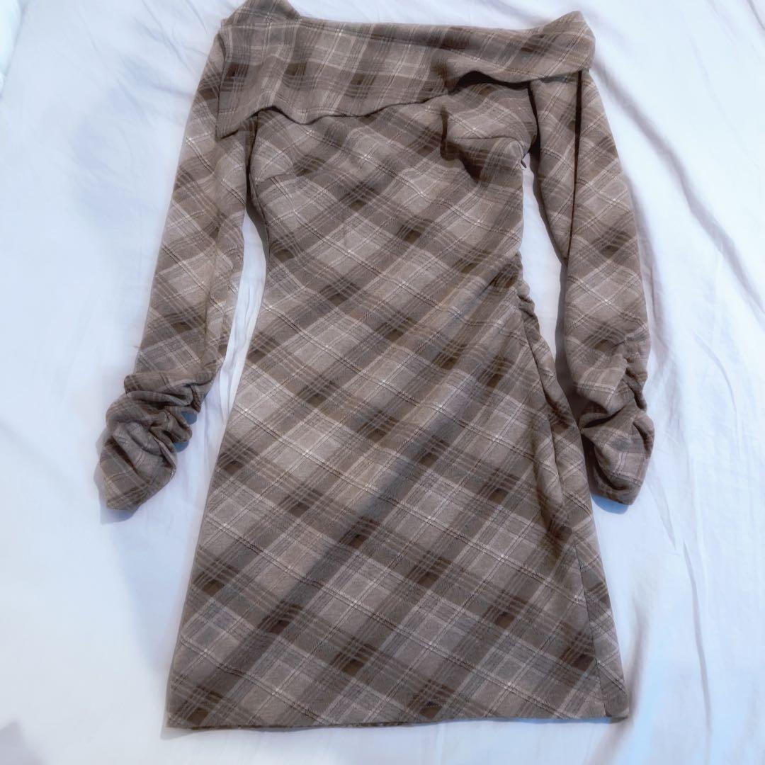 Yilon オフショルダー チェック柄 ワンピース イロン ブラウン