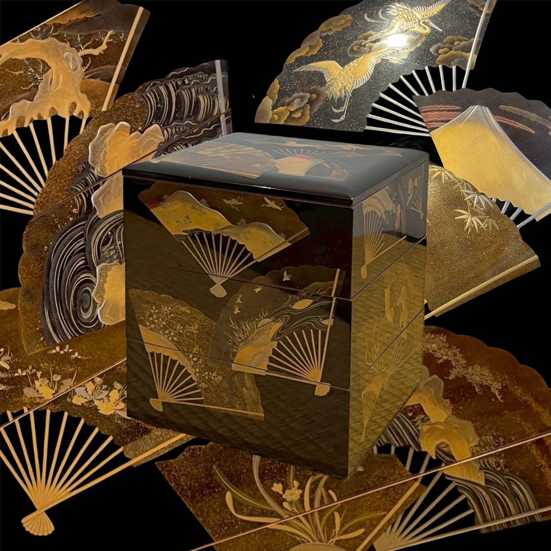 時代漆器 扇面金銀高蒔絵 三段重箱 / 加賀蒔絵 木製漆器 茶懐石道具