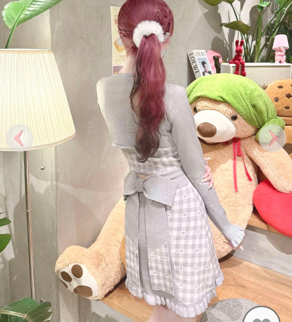 ハニーミュウ バックリボン×ギンガムハートアンサンブルワンピース グレー XS