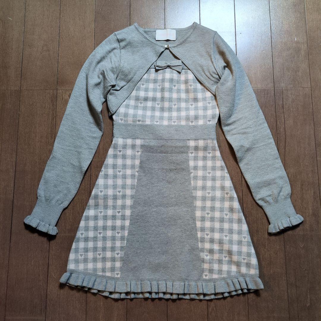ハニーミュウ バックリボン×ギンガムハートアンサンブルワンピース グレー XS