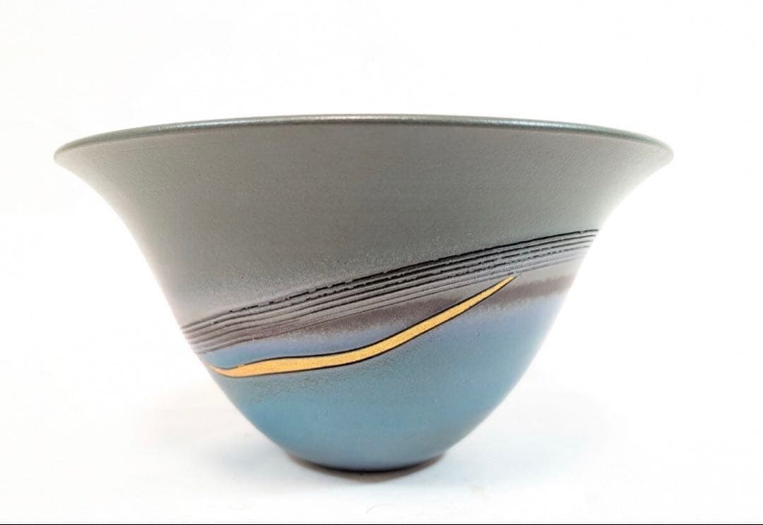 【極美品】池坊 花器／在銘 陶器 （工房制作・作家名不明）金彩ライン/生花