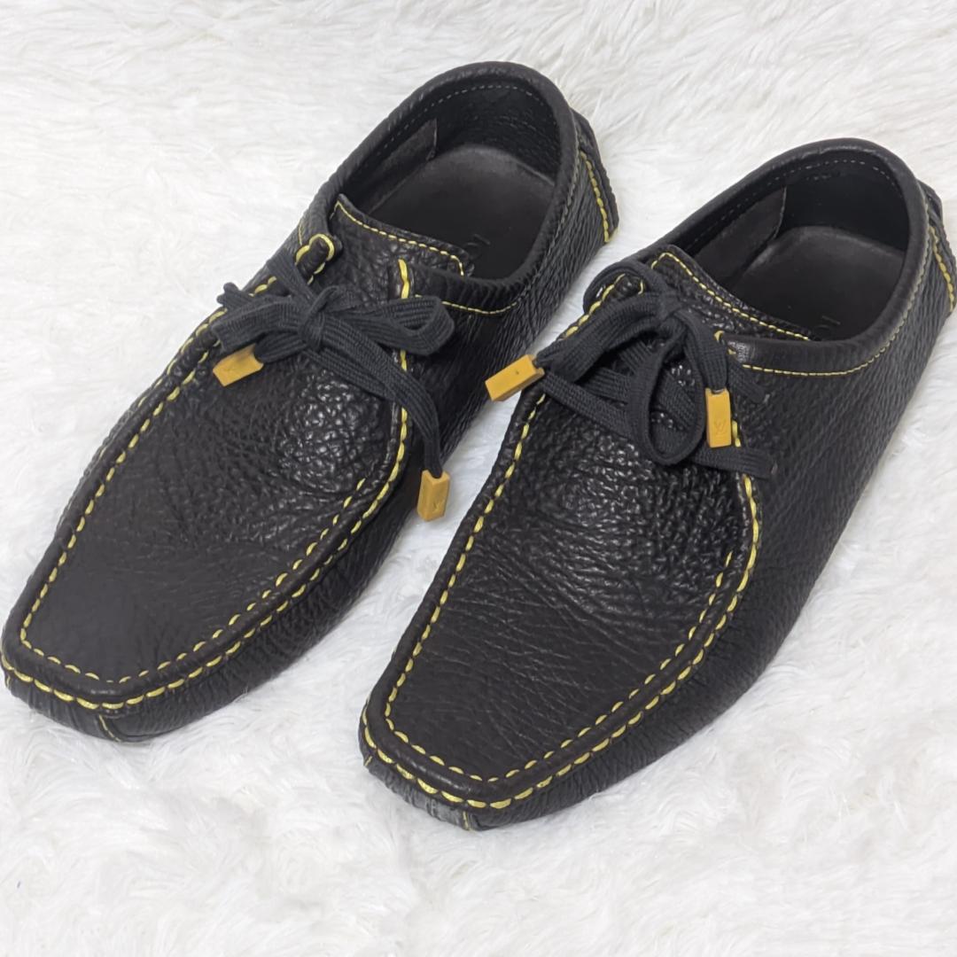 ルイヴィトン レザー ドライビングシューズ 7.5 黒×イエローステッチ メンズ