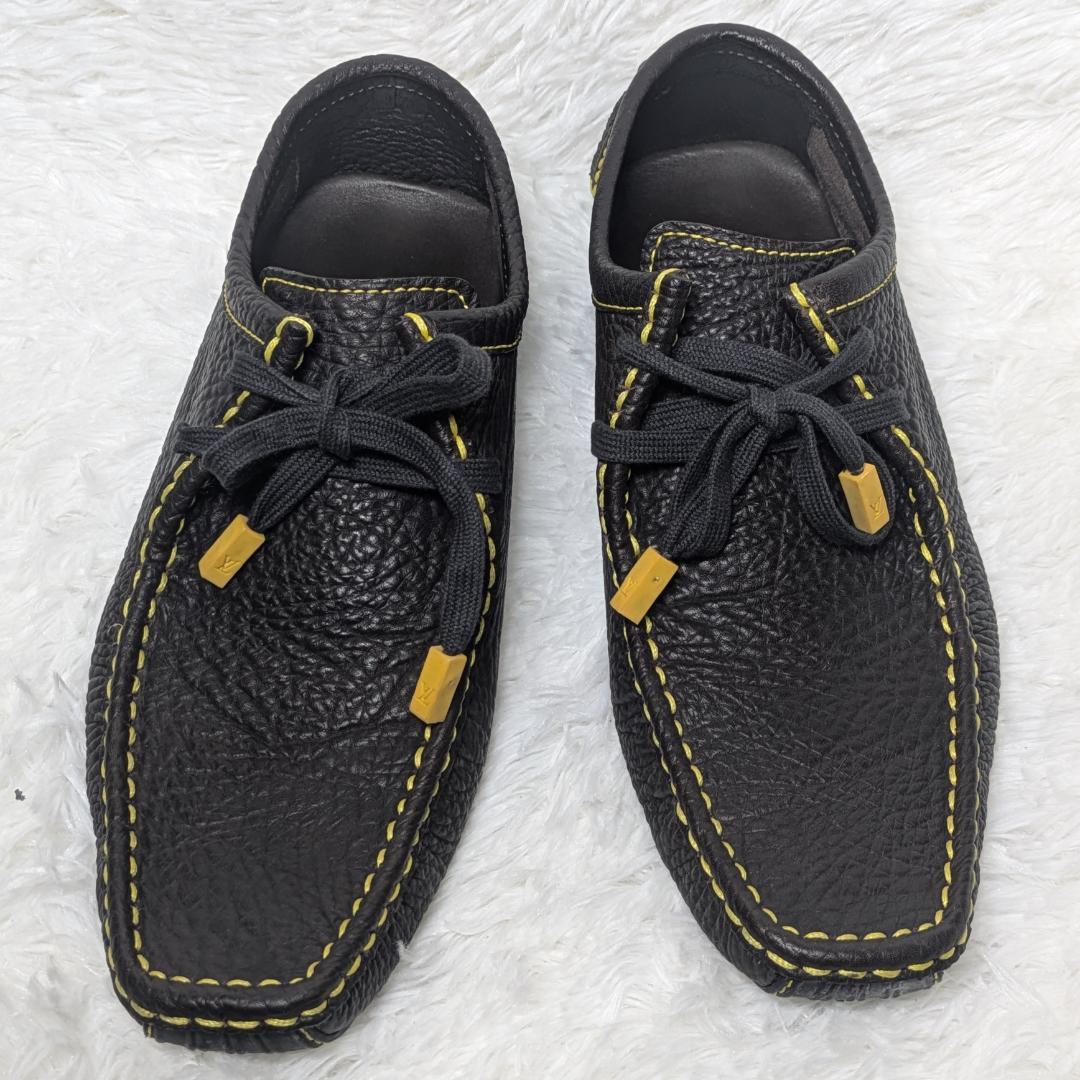 ルイヴィトン レザー ドライビングシューズ 7.5 黒×イエローステッチ メンズ