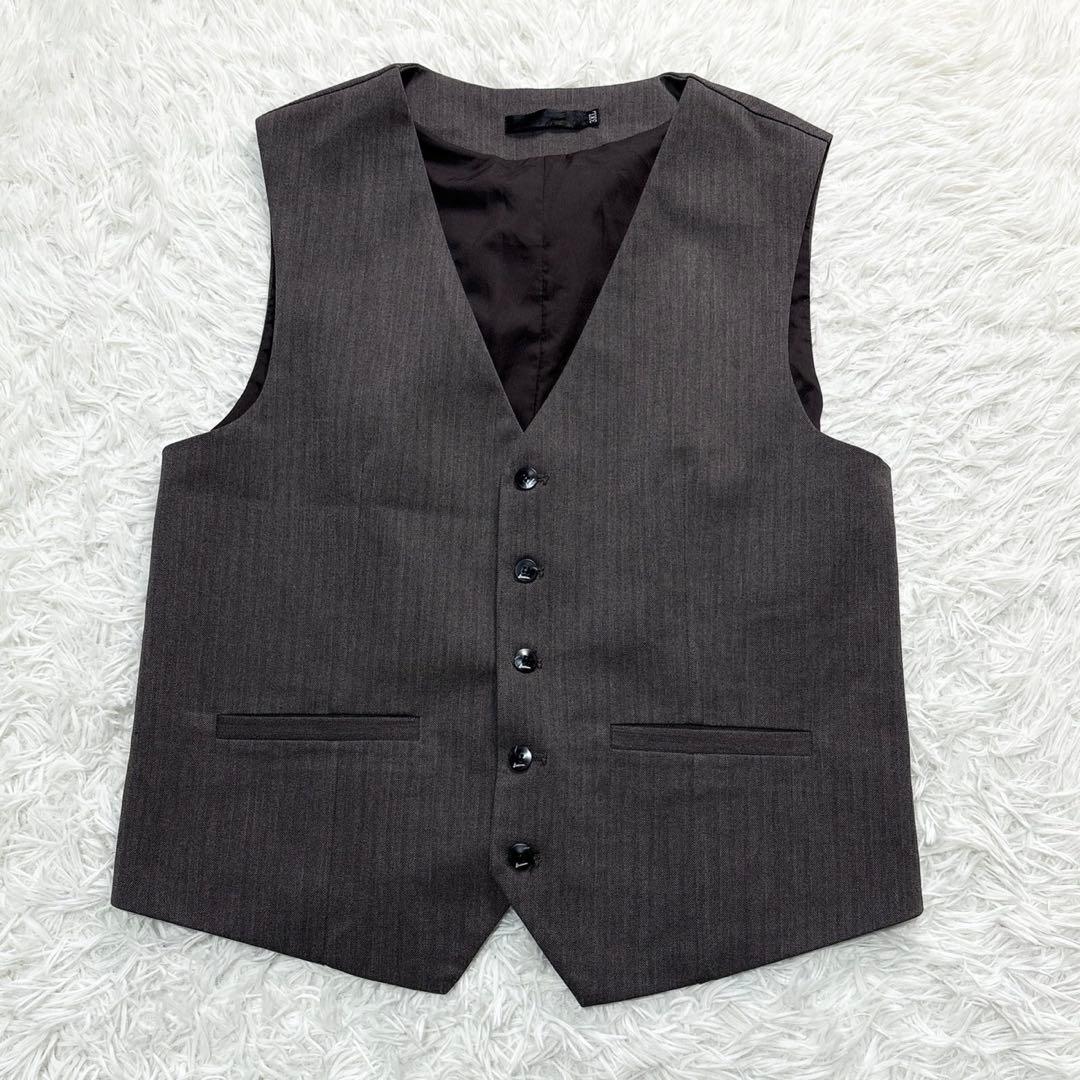 【美品】スーツ セットアップ スリーピース ヘリンボーン ダブル 総裏 ブラウン