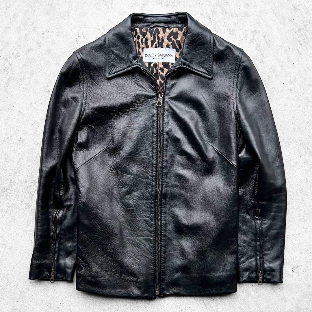 極美品 DOLCE&GABBANA 本革 レザージャケット 裏地 レオパード