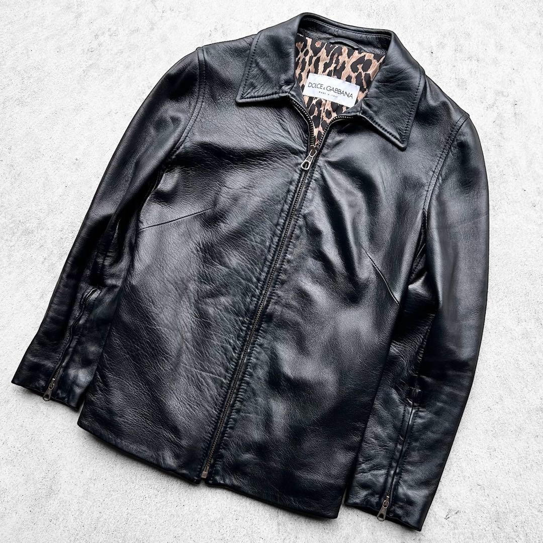 極美品 DOLCE&GABBANA 本革 レザージャケット 裏地 レオパード