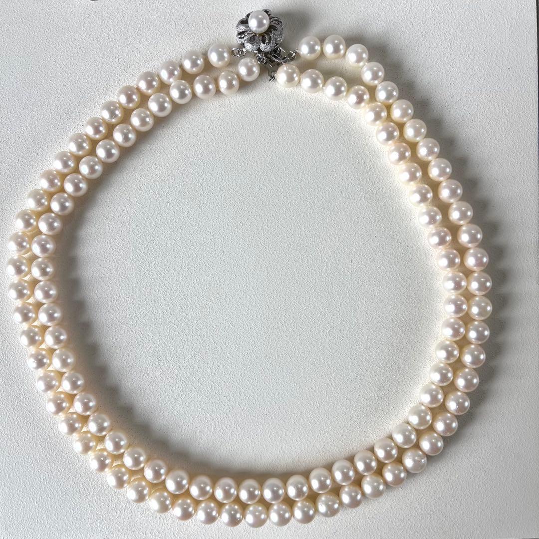 照り強✨あこや真珠 2連ネックレス 7.0-7.5mm シルバー刻印 鑑別書付き