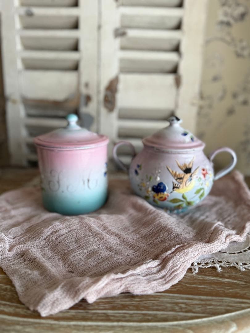 フランスアンティークホーロージャピー社ハンドペイントのマリアージュキャニスター