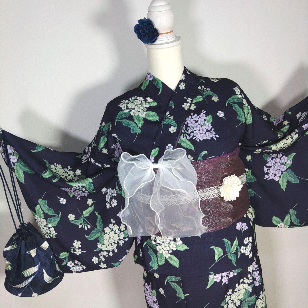 セパレート　二部式　レディース　浴衣　フリーサイズ　ネイビー　花柄　兵児帯　新品