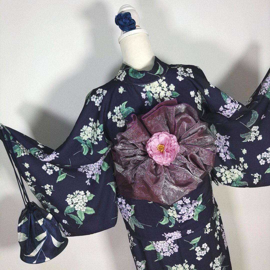 セパレート　二部式　レディース　浴衣　フリーサイズ　ネイビー　花柄　兵児帯　新品
