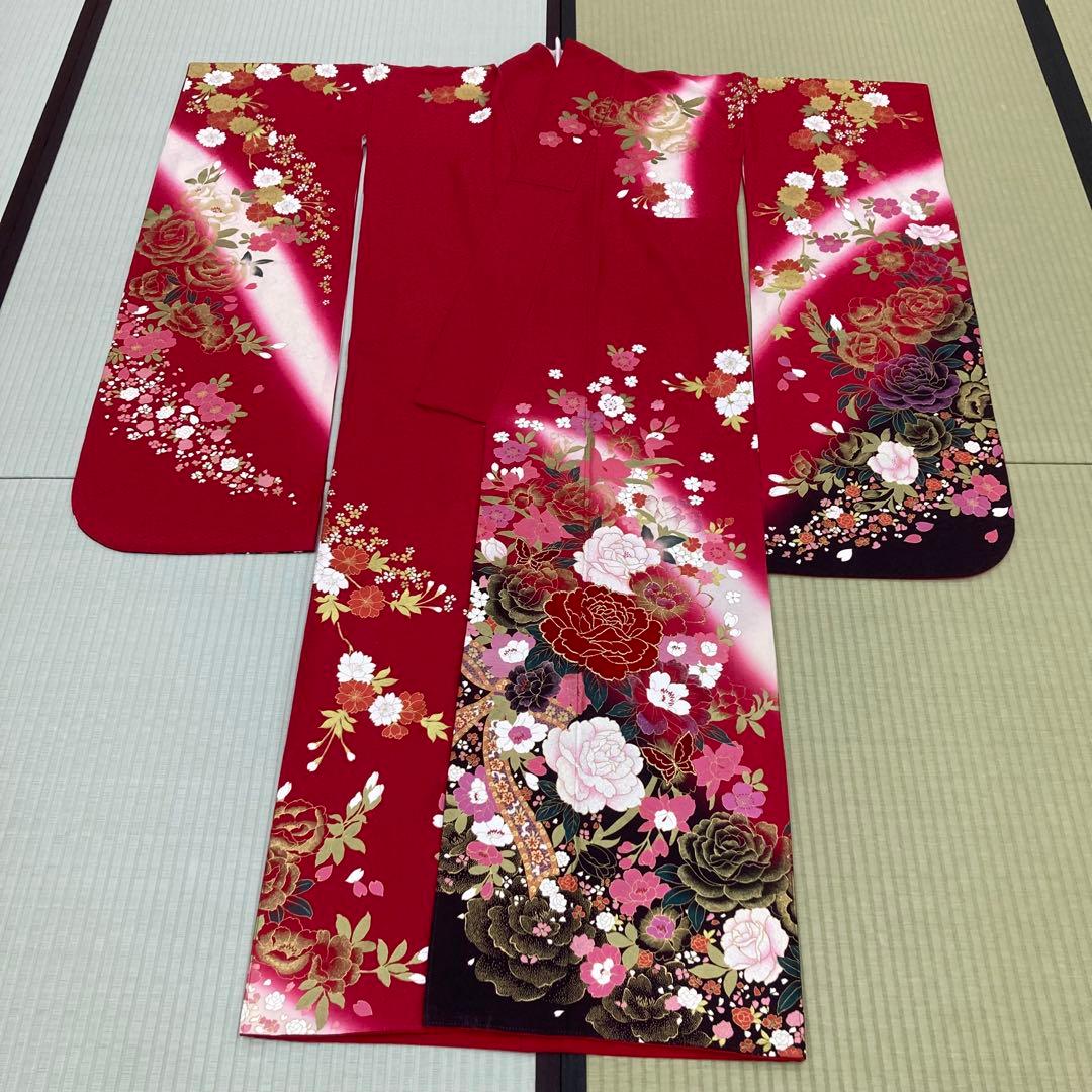 ☆中古品☆振袖　単品　正絹　赤系花模様B級品難あり振袖