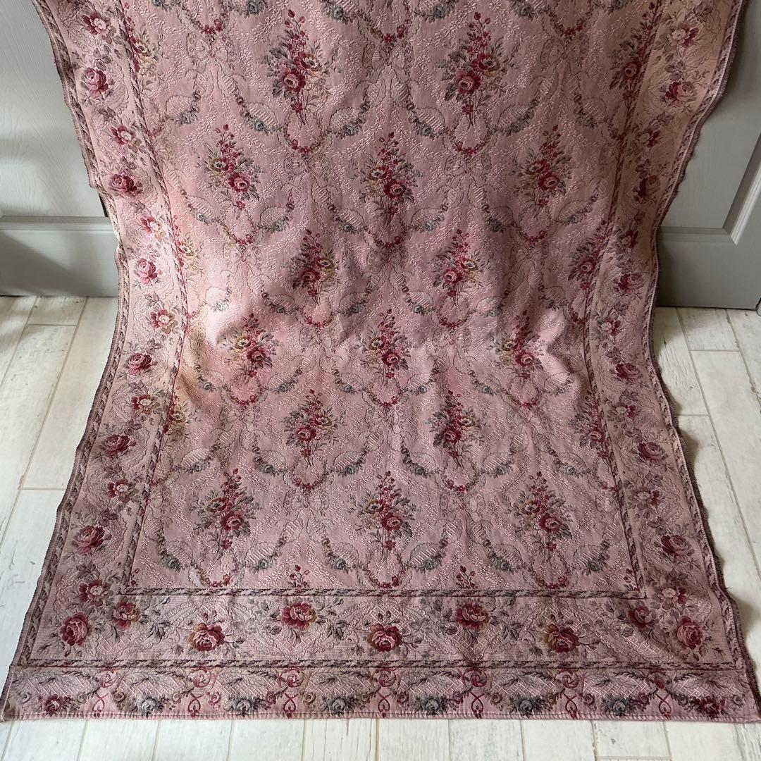 【大判】フランスアンティーク　ジャガード織り　ジャカード　生地　サーモンピンク