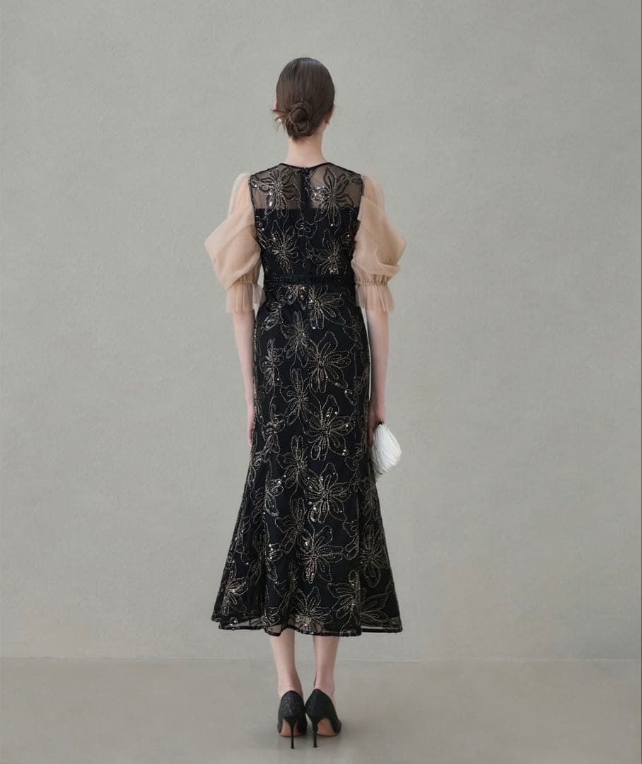 【Laja】スパンコールリボンチュールワンピースドレス