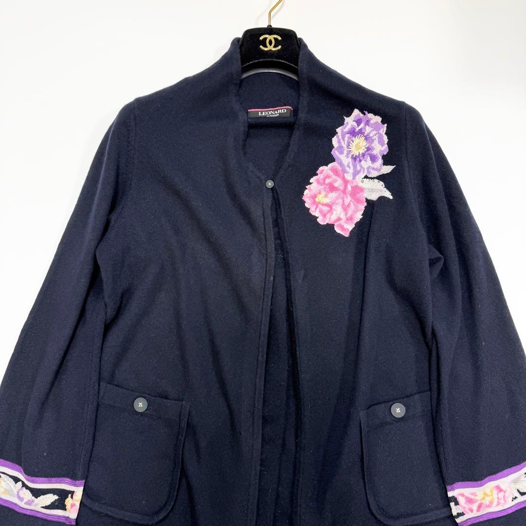 【美品✨】レオナール　カーディガン　羽織り　トリム　花柄　カシミヤ混　LL