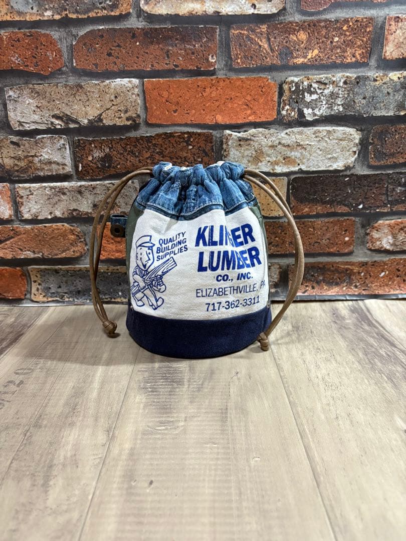 USEDデニム×ビンテージエプロン×本革リメイク　巾着バッグ