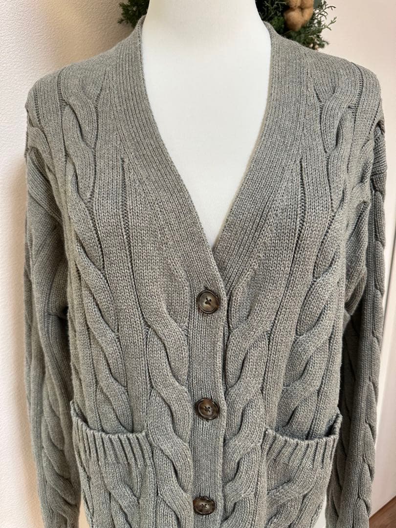 ポロラルフローレン カーディガン ケーブルニット グレー 刺繍ロゴ　S-M 綿