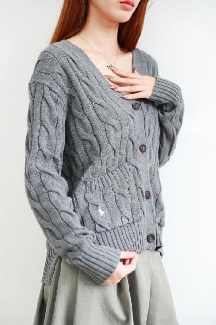 ポロラルフローレン カーディガン ケーブルニット グレー 刺繍ロゴ　S-M 綿