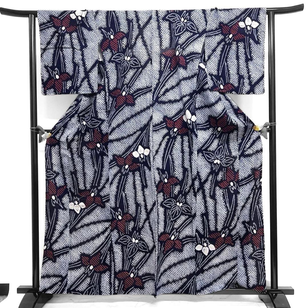 浴衣　有松鳴海絞り　桐の花　ネイビー　藍染　リーフ　着物　063a d